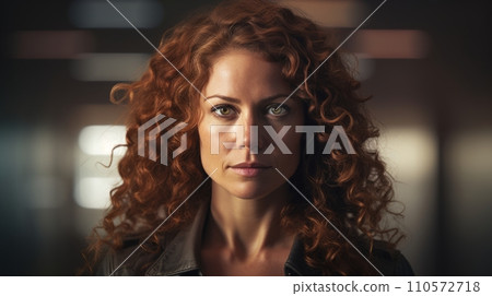 AI-generated content. Photorealistic Adult White Woman with Brown Curly Hair Futuristic Illustration. Portrait of a person in cyberpunk style. Cyberspace Ai Generated Horizontal Illustration. AI-generated content. Photorealistic Adult White Woman with Brown Curly Hair Futuristic Illustration. Portrait of a person in cyberpunk style. Cyberspace Ai Generated Horizontal Illustration. 110572718
