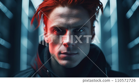 AI-generated content. Photorealistic Adult White Man with Red Straight Hair Futuristic Illustration. Portrait of a person in cyberpunk style. Cyberspace Ai Generated Horizontal Illustration. 110572726