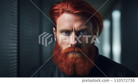 AI-generated content. Photorealistic Adult White Man with Red Straight Hair Futuristic Illustration. Portrait of a person in cyberpunk style. Cyberspace Ai Generated Horizontal Illustration. 110572730