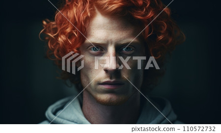 AI-generated content. Photorealistic Adult White Man with Red Curly Hair Futuristic Illustration. Portrait of a person in cyberpunk style. Cyberspace Ai Generated Horizontal Illustration. 110572732