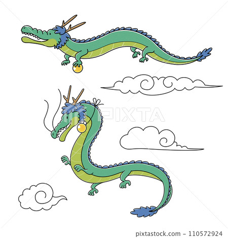 Two cute dragons holding balls and a cloud (color) 110572924