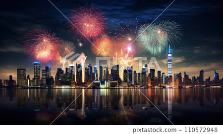 New York City, USA Beautiful fireworks night in the city of celebration 110572948