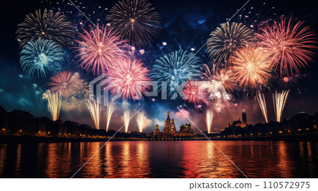 Beautiful fireworks night in the city of celebration Moscow 110572975