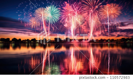Beautiful fireworks night in the city of celebration Beautiful fireworks night in the city of celebration 110572983