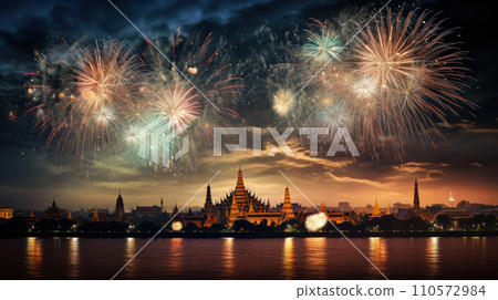 Beautiful fireworks night in the city of celebration, Wat Phra Kaew 110572984