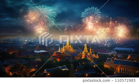 Beautiful fireworks night in the city of celebration, Wat Phra Kaew Beautiful fireworks night in the city of celebration, Wat Phra Kaew 110572985