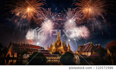Beautiful fireworks night in the city of celebration, Wat Phra Kaew Beautiful fireworks night in the city of celebration, Wat Phra Kaew 110572986