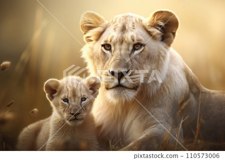 Mother love between lovely a lion and a cub created. generative ai Mother love between lovely a lion and a cub created. generative ai 110573006