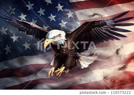 Illustration of an eagle on the background of the American flag closeup. Ai generation 110573222