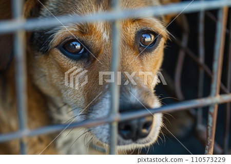 close up Sad large dogs caught in cage. Generative AI 110573229
