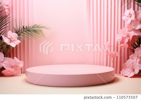Minimal background with a pink podium backdrop for product presentation. Generative AI 110573507