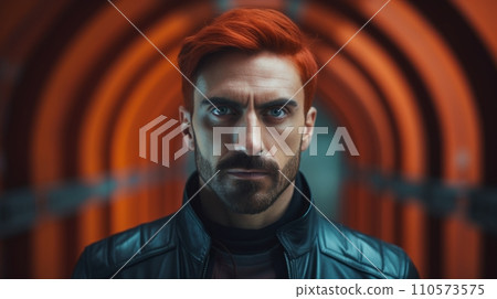 AI-generated content. Photorealistic Adult Latino Man with Red Straight Hair Futuristic Illustration. Portrait of a person in cyberpunk style. Cyberspace Ai Generated Horizontal Illustration. AI-generated content. Photorealistic Adult Latino Man with Red Straight Hair Futuristic Illustration. Portrait of a person in cyberpunk style. Cyberspace Ai Generated Horizontal Illustration. 110573575