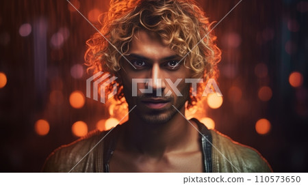 AI-generated content. Photorealistic Adult Indian Man with Blond Curly Hair Futuristic Illustration. Portrait of a person in cyberpunk style. Cyberspace Ai Generated Horizontal Illustration. AI-generated content. Photorealistic Adult Indian Man with Blond Curly Hair Futuristic Illustration. Portrait of a person in cyberpunk style. Cyberspace Ai Generated Horizontal Illustration. 110573650