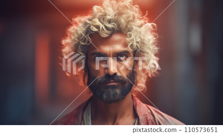 AI-generated content. Photorealistic Adult Indian Man with Blond Curly Hair Futuristic Illustration. Portrait of a person in cyberpunk style. Cyberspace Ai Generated Horizontal Illustration. 110573651