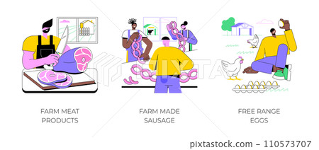 Farm products isolated cartoon vector illustrations set. Farmer cutting fresh meat, homemade sausage, free range eggs, keep chicken, secondary production, agribusiness vector cartoon. 110573707