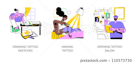 Tattoo master isolated cartoon vector illustrations set. Professional artist drawing new sketches, tattoo making process, permanent makeup, opening professional salon, small business vector cartoon. 110573730