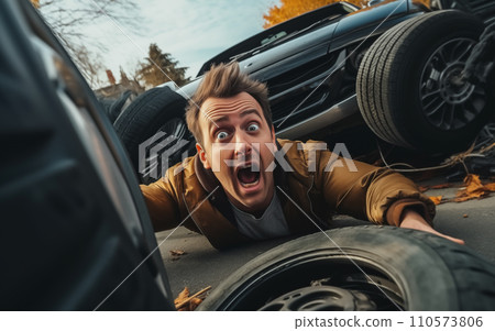 Man asking for helping from injury. Car accident Concept. Generative Ai. Man asking for helping from injury. Car accident Concept. Generative Ai. 110573806