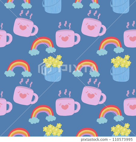 Seamless pattern of cup, rainbow and flower basket on a blue background 110573995
