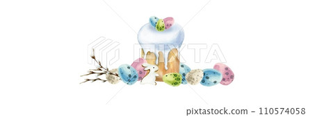 Watercolor hand drawn spring Easter composition. Easter sweet bread with eggs decoration, willow branches and colorful eggs with white rabbit for invitation, packing, label design Watercolor hand drawn spring Easter composition. Easter sweet bread with eggs decoration, willow branches and colorful eggs with white rabbit for invitation, packing, label design 110574058