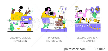 Selling handmade crafts isolated cartoon vector illustrations set. Creating unique toy design, promote handcrafts, taking picture for posting online, selling handcrafts at the market vector cartoon. Selling handmade crafts isolated cartoon vector illustrations set. Creating unique toy design, promote handcrafts, taking picture for posting online, selling handcrafts at the market vector cartoon. 110574064
