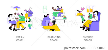 Family coach isolated cartoon vector illustrations set. Experienced relationship coach talking with couple, parenting coaching, therapy session, help to coupe with divorce vector cartoon. Family coach isolated cartoon vector illustrations set. Experienced relationship coach talking with couple, parenting coaching, therapy session, help to coupe with divorce vector cartoon. 110574066