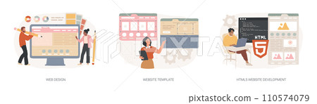 Website building service isolated concept vector illustration set. Web design, website template, HTML5 development, landing page, interface, user experience, constructor platform vector concept. Website building service isolated concept vector illustration set. Web design, website template, HTML5 development, landing page, interface, user experience, constructor platform vector concept. 110574079