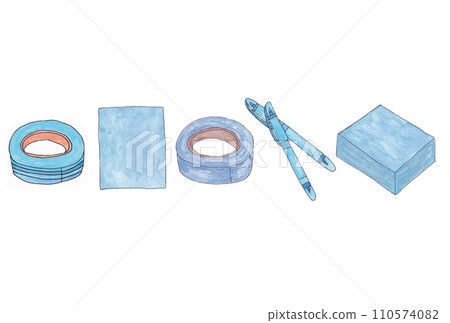 Horizontal illustration set B of blue stationery drawn with water-based pens and transparent watercolors Horizontal illustration set B of blue stationery drawn with water-based pens and transparent watercolors 110574082