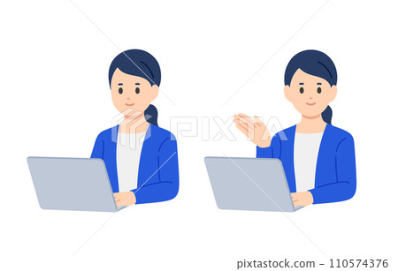 A set of businessperson women looking at a computer and posing as a guide [people vector illustration material] 110574376