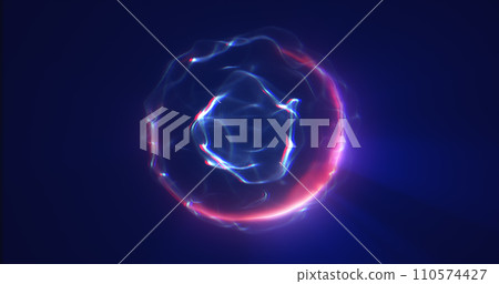 Spinning purple energy sphere digital atom hi-tech ball futuristic magic circle glowing bright force field abstract background 110574427