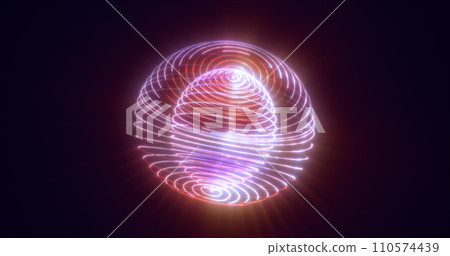 Abstract glowing looped light hi-tech energy purple round ball sphere atom clot of energy from lines and particles futuristic, abstract background Abstract glowing looped light hi-tech energy purple round ball sphere atom clot of energy from lines and particles futuristic, abstract background 110574439