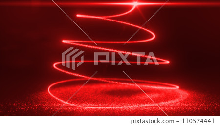 Abstract red flying line of dots and luminous particles of energetic magical bright spirals in the shape of a Christmas New Year tree Abstract red flying line of dots and luminous particles of energetic magical bright spirals in the shape of a Christmas New Year tree 110574441