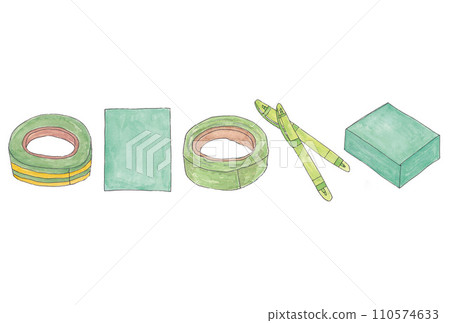 Horizontal illustration set of yellow-green stationery drawn with water-based pens and transparent watercolors 110574633