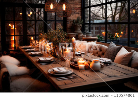 Cozy family Christmas dinner. Festive serving with candles 110574801