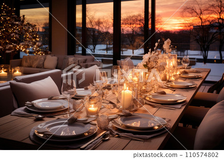 Cozy family Christmas dinner. Festive serving with candles 110574802