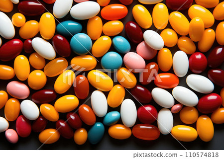 Tablets in bulk are multicolored on table. The concept of medicine, pharmacy Tablets in bulk are multicolored on table. The concept of medicine, pharmacy 110574818