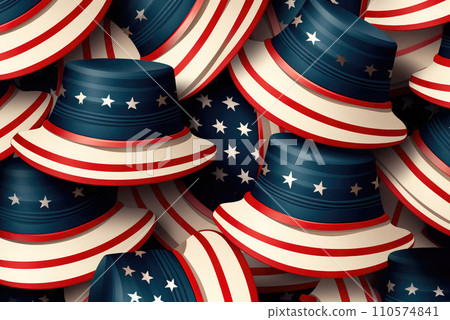 Concept of celebrating America's Independence Day on July 4th. Top view flat image of a pattern of hats in the colors of the national flag of blue, red, white balls with stars 110574841