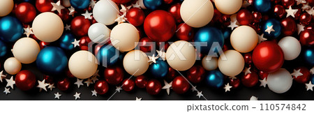 Concept of celebrating America's Independence Day. Top view flat banner image in the colors of the national flag of blue, red, white balls with stars on a blue background 110574842
