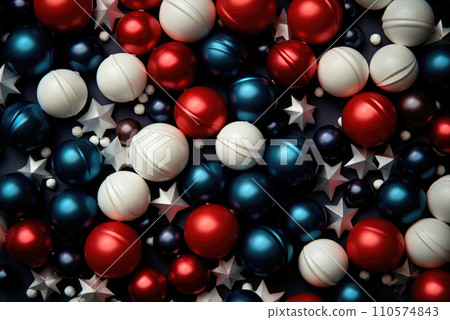 American Independence day background with blue, white and red mixed stars and balls. Celebration of American independence day, the 4th of July. Holiday pattern concept. Top view American Independence day background with blue, white and red mixed stars and balls. Celebration of American independence day, the 4th of July. Holiday pattern concept. Top view 110574843
