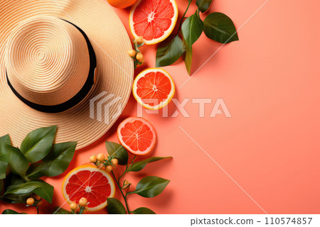 Summer composition. Green leaves and a straw hat, slices of grapefruit on a coral background. Summer concept. Flatley, top view and copy space Summer composition. Green leaves and a straw hat, slices of grapefruit on a coral background. Summer concept. Flatley, top view and copy space 110574857