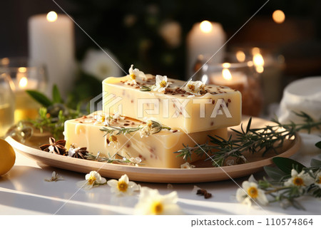 Variety of vegan handmade natural bar soaps with herbs and spices 110574864