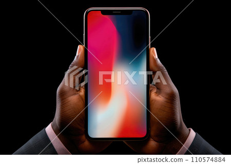 Mockup of the smartphone screen in the hands of a black man on a black background 110574884