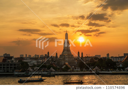 Wat Arun Temple in sunset, Temple of Dawn near Chao Phraya river. Landmark and popular for tourist attraction and Travel destination in Bangkok, Thailand and Southeast Asia concept Wat Arun Temple in sunset, Temple of Dawn near Chao Phraya river. Landmark and popular for tourist attraction and Travel destination in Bangkok, Thailand and Southeast Asia concept 110574896