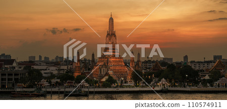 Wat Arun Temple in sunset, Temple of Dawn near Chao Phraya river. Landmark and popular for tourist attraction and Travel destination in Bangkok, Thailand and Southeast Asia concept Wat Arun Temple in sunset, Temple of Dawn near Chao Phraya river. Landmark and popular for tourist attraction and Travel destination in Bangkok, Thailand and Southeast Asia concept 110574911