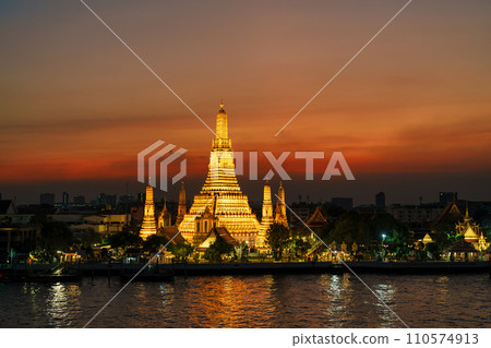 Wat Arun Temple in sunset, Temple of Dawn near Chao Phraya river. Landmark and popular for tourist attraction and Travel destination in Bangkok, Thailand and Southeast Asia concept Wat Arun Temple in sunset, Temple of Dawn near Chao Phraya river. Landmark and popular for tourist attraction and Travel destination in Bangkok, Thailand and Southeast Asia concept 110574913