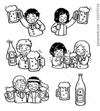 插圖集辦公室工作人員手裡拿著啤酒杯享受酒會。單色線條畫 插圖集辦公室工作人員手裡拿著啤酒杯享受酒會。單色線條畫 110575158
