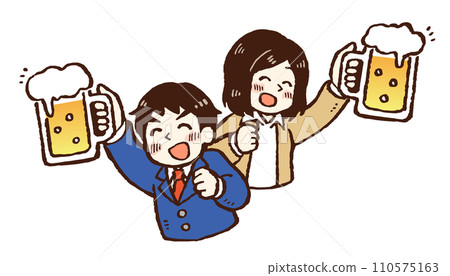 Illustration of a male and female office worker making a toast with their backs to each other with beer mugs in hand Illustration of a male and female office worker making a toast with their backs to each other with beer mugs in hand 110575163