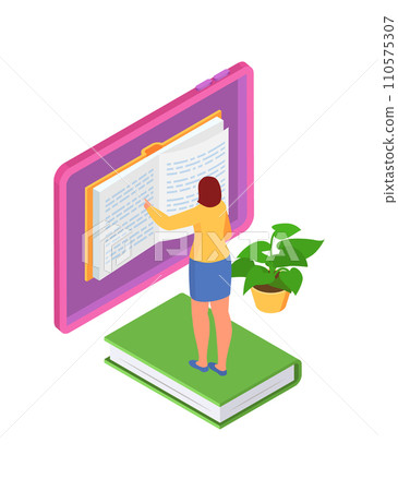 Woman reading giant book, standing on another book, plant beside her, learning concept. Knowledge acquisition, e-learning, education technology vector illustration. Woman reading giant book, standing on another book, plant beside her, learning concept. Knowledge acquisition, e-learning, education technology vector illustration. 110575307