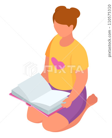 Young woman sitting and reading book. Casual female reader enjoying literature. Love for books and reading concept vector illustration. 110575310