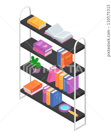 Modern isometric bookshelf with colorful books and plant in pot, study and reading concept. Clean and organized bookcase design vector illustration. 110575315