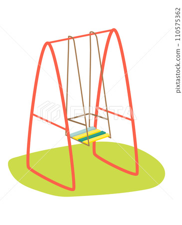 Red and yellow swing set on green ground, simple playground equipment vector illustration. Childhood fun and outdoor play concept. 110575362